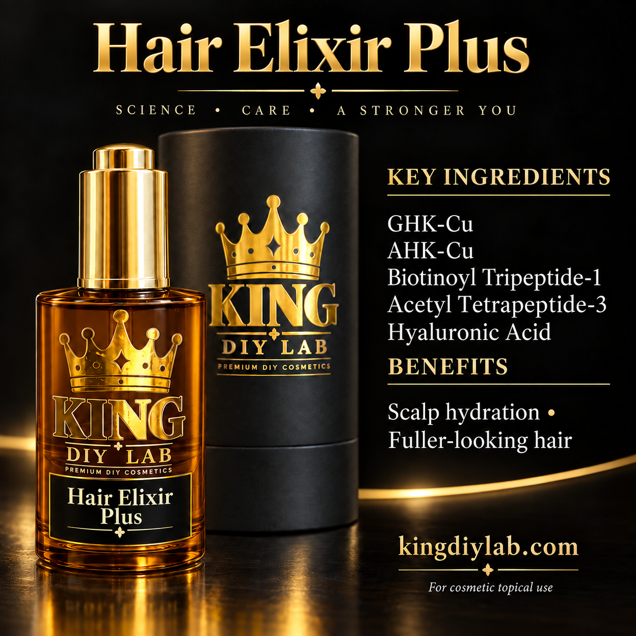 KING DIY LAB Hair Elixir Plus amber gold-pump bottle and black cylindrical packaging